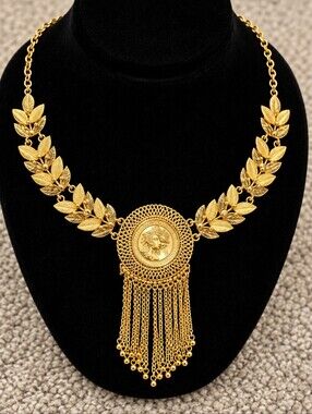 22kgp Dubai Jewelry Gold Leaf Tassel Statement Necklace